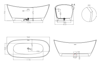 Ванна из искусственного камня Salini Noemi S-Sense 101811GRH 185x81см RAL снаружи